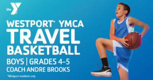 Westport YMCA Travel Basketball youth player jumping with basketball