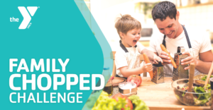 Westport Weston Family YMCA Family Chopped challenge with smiling dad and son cooking