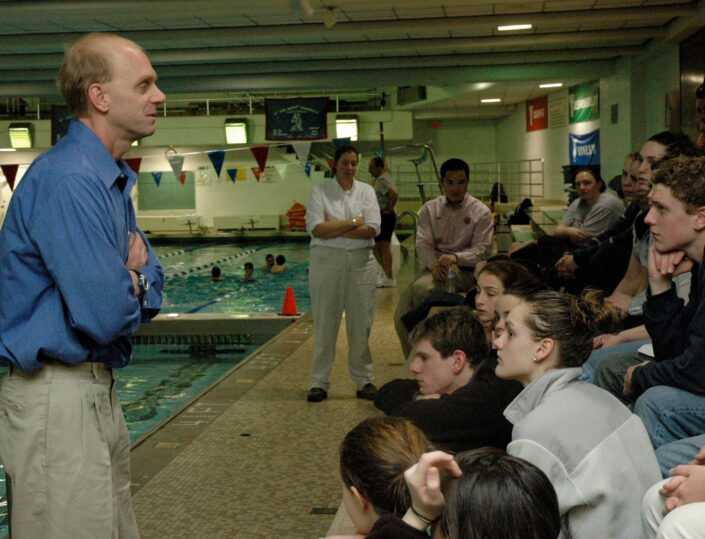 Olympic Gold Metal swimmer, Rowdy Gains, visits Westport Weston YMCA Water Rats swim team members in 2007