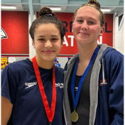 Westport Weston YMCA WaterRats Kate & Ella smiling with medals from the 2023 CT Long Course Championships
